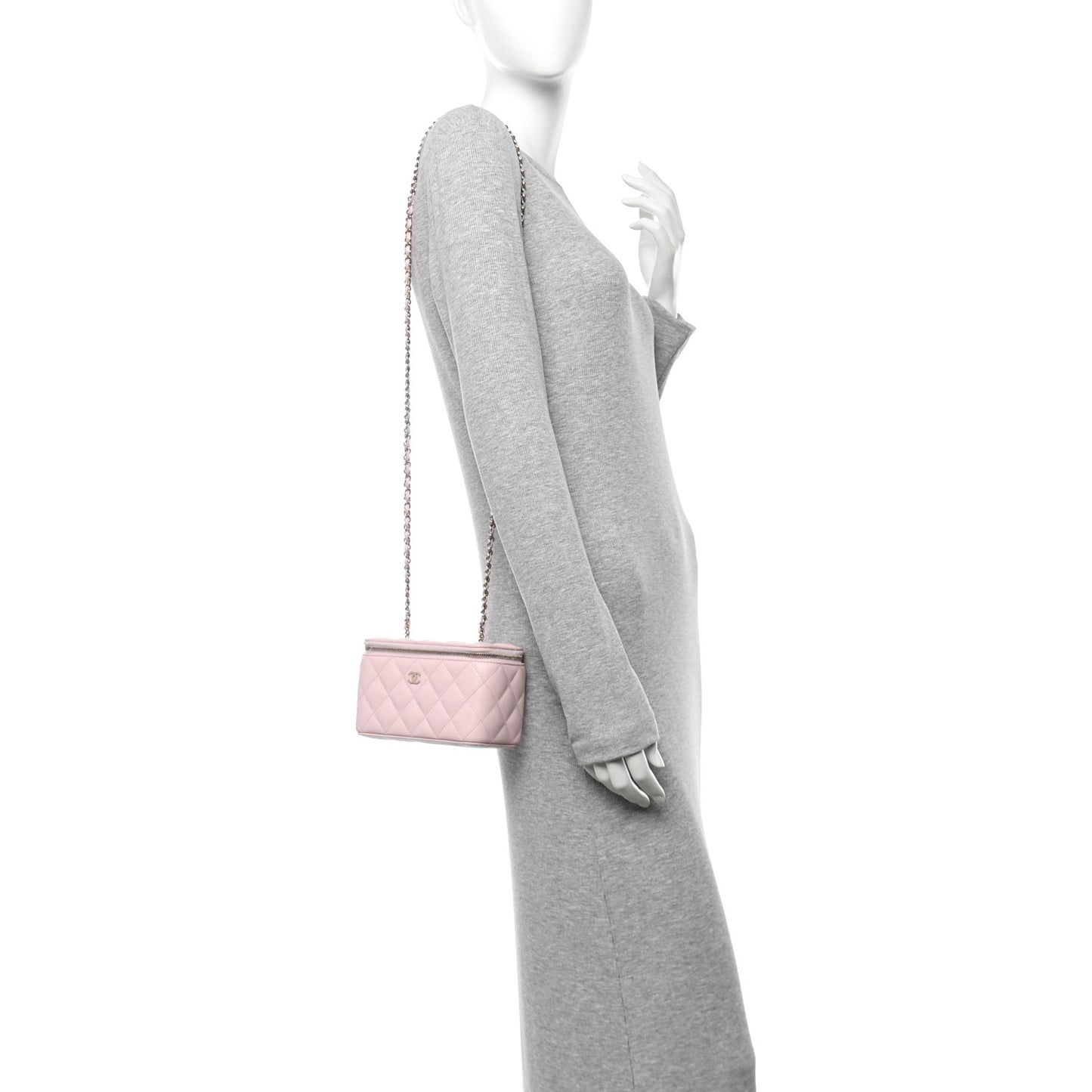 Caviar Quilted Small Vanity Case With Chain Light Pink