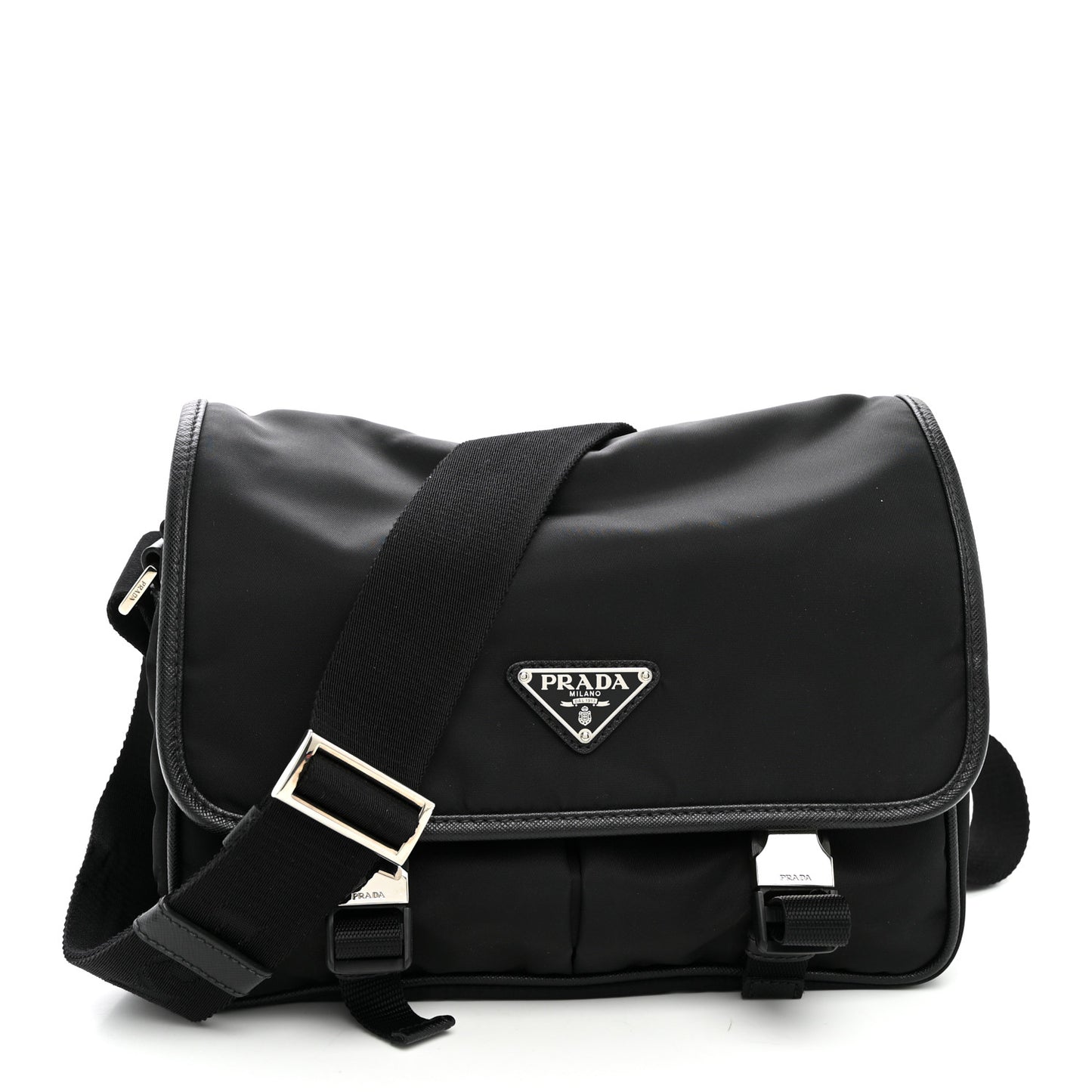Tessuto Nylon Saffiano Double Snap Buckle Messenger Bag  Black