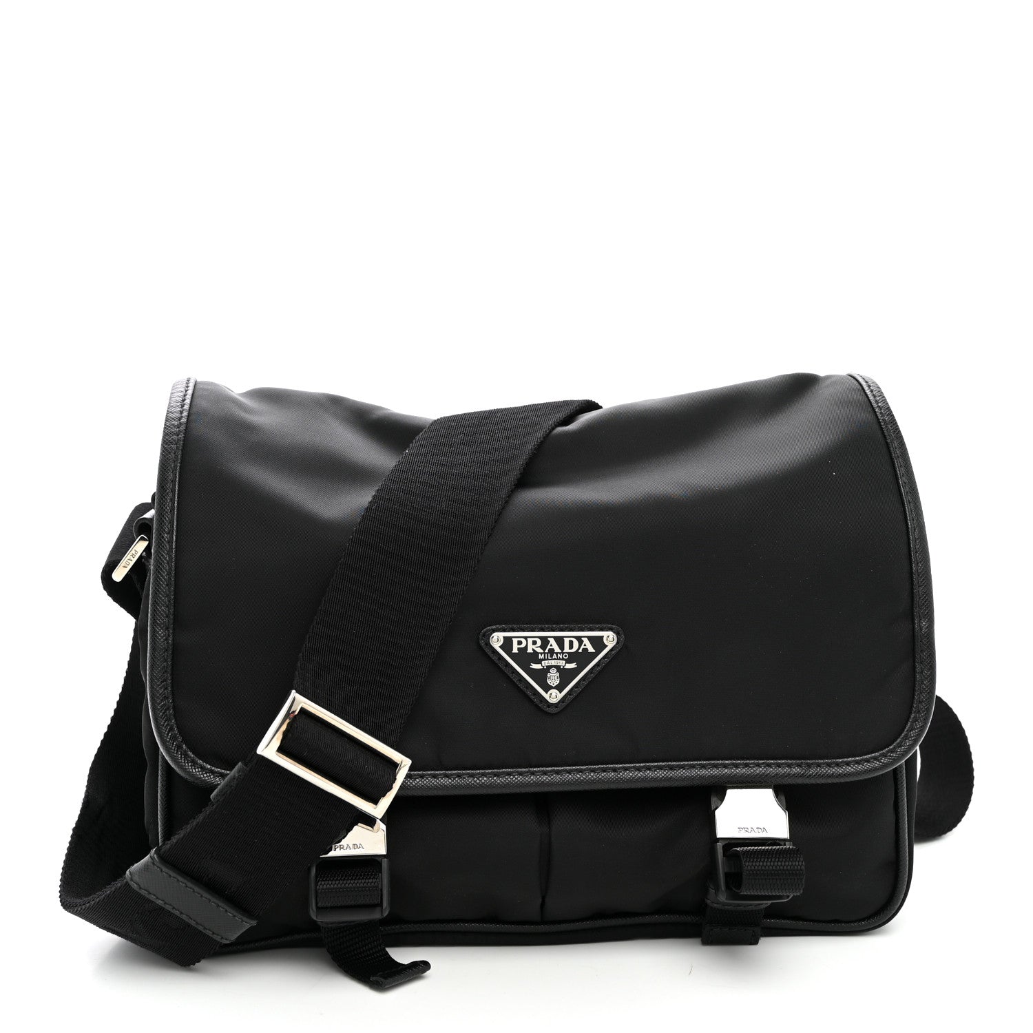Prada Tessuto Nylon Saffiano Double Snap Buckle Messenger Bag  Black 1 of 9