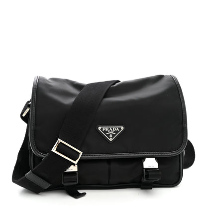 Prada Tessuto Nylon Saffiano Double Snap Buckle Messenger Bag  Black 1 of 9