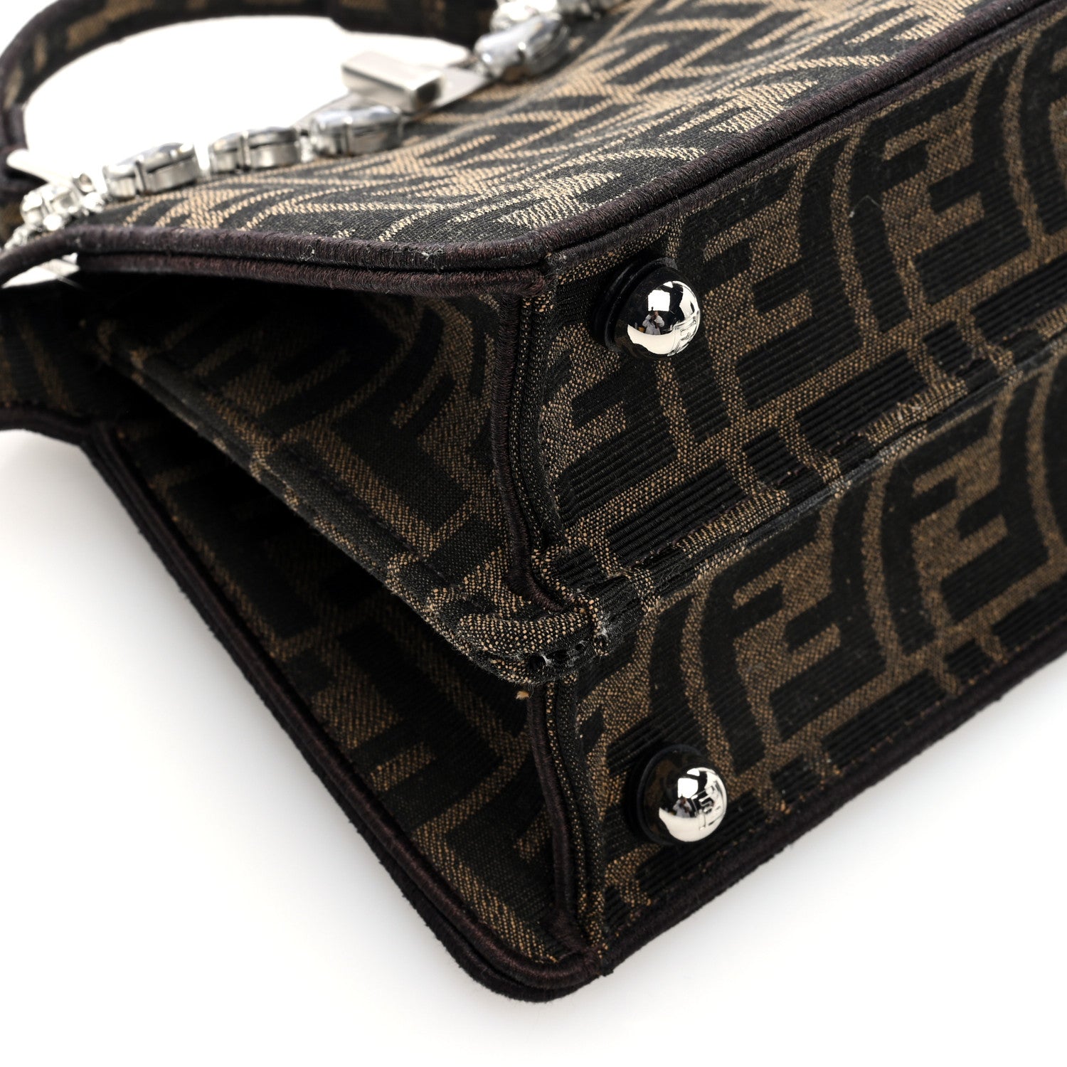 Fendi Fabric Jacquard Crystal Embellished FF 1974 Petite Peekaboo I SEE U Satchel Tobacco Moro 8 of 10