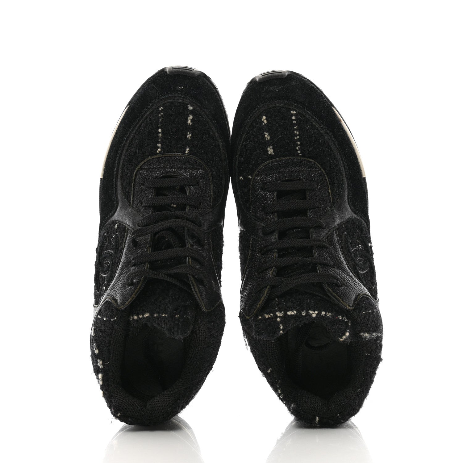Chanel Tweed Suede Goatskin CC Sneakers 38 Black White 2 of 11