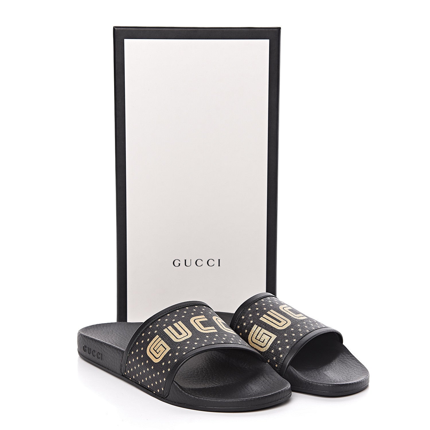 Gucci X SEGA Supreme Canvas GUCCY Stars Womens Slide Sandals 39 Black Gold 7 of 7