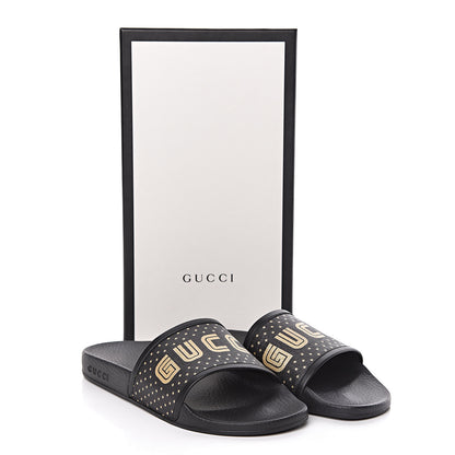 Gucci X SEGA Supreme Canvas GUCCY Stars Womens Slide Sandals 39 Black Gold 7 of 7