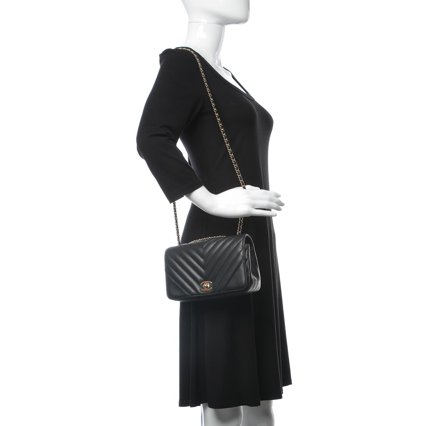 Calfskin Chevron Quilted Mini Statement Flap Black