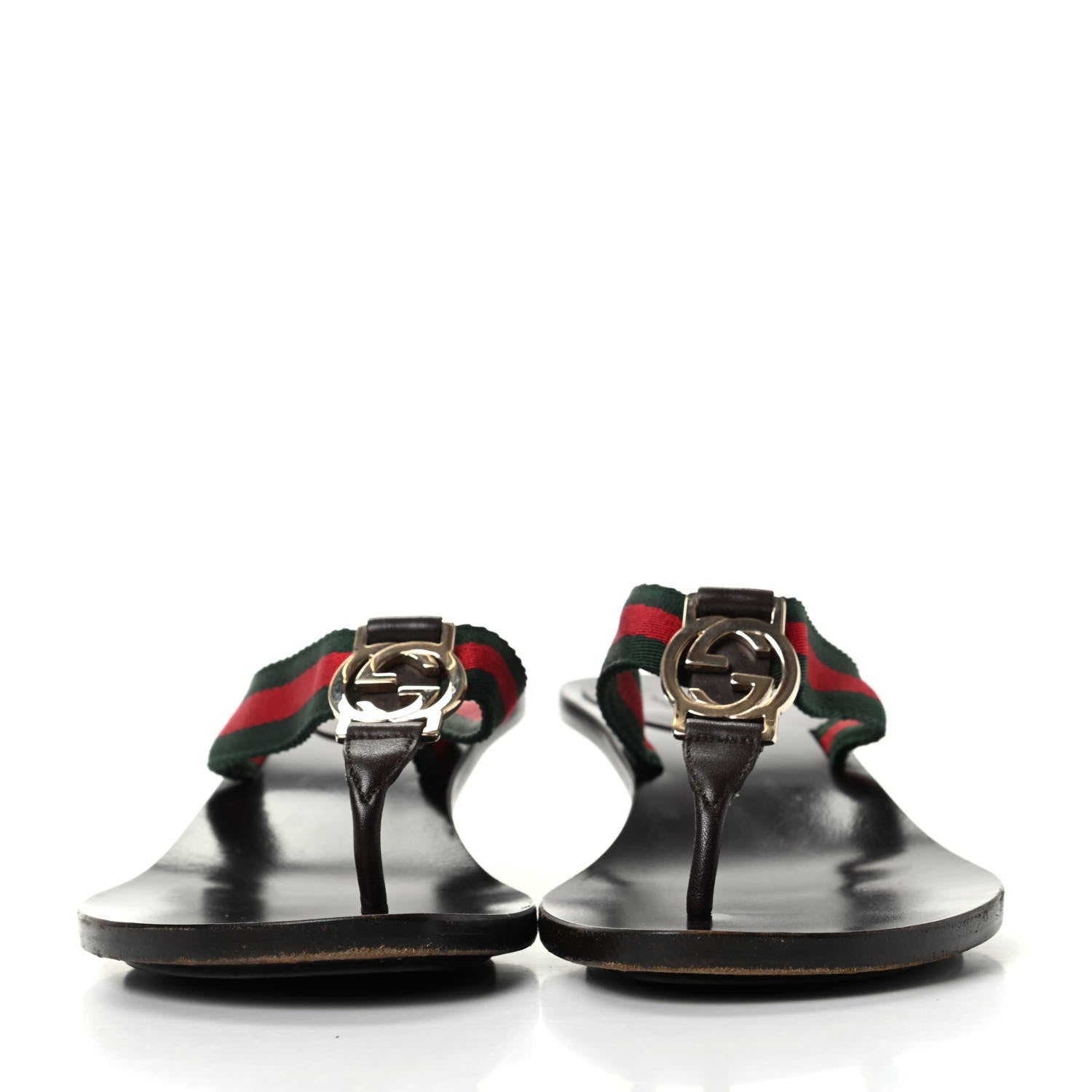 Gucci Nylon Calfskin Web Womens Thong Low Heel Sandals 6.5 Green Red Cocoa 2 of 10