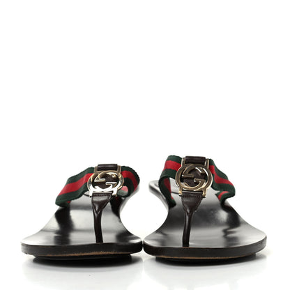 Gucci Nylon Calfskin Web Womens Thong Low Heel Sandals 6.5 Green Red Cocoa 2 of 10