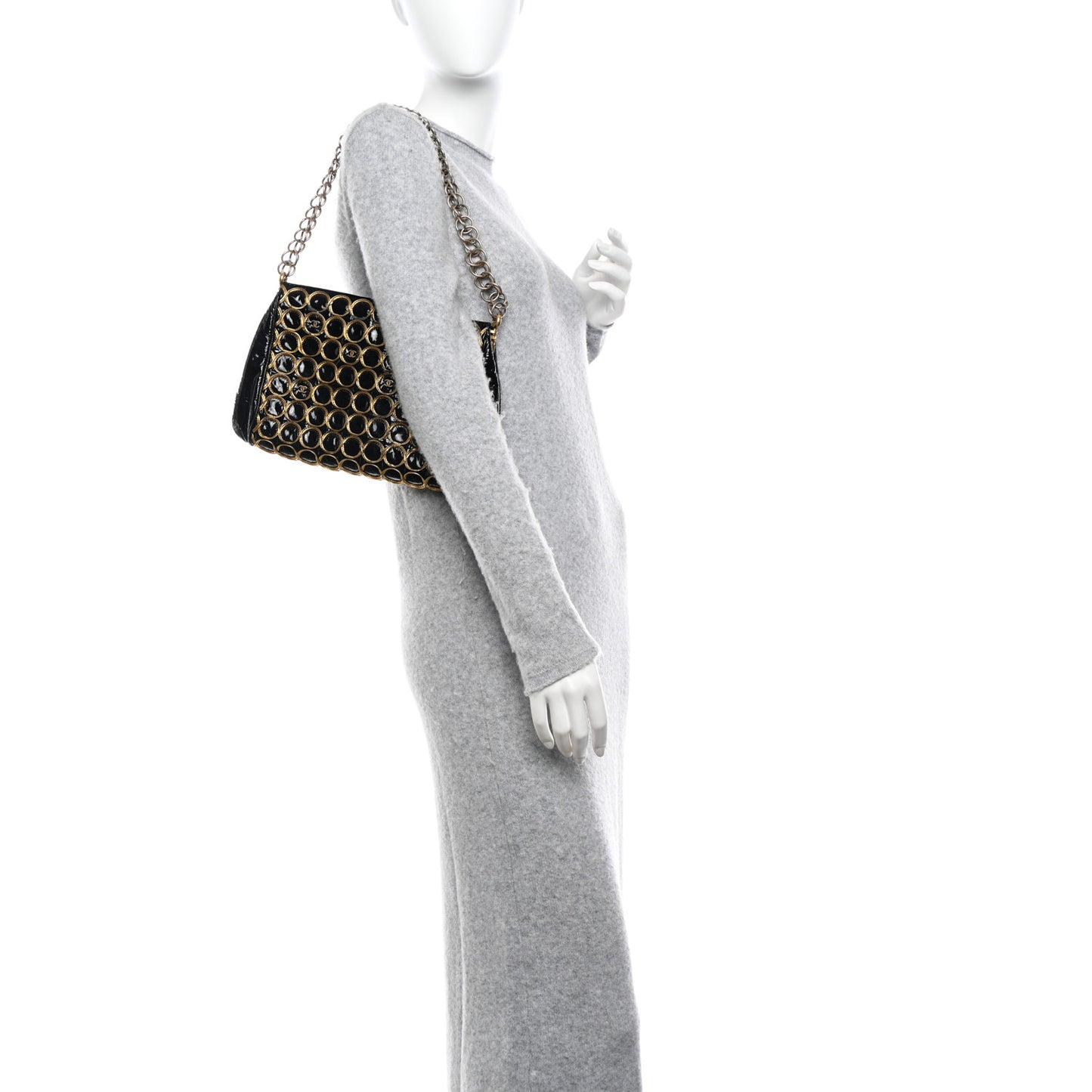 Patent Embroidered Clutch With Chain Black Gold