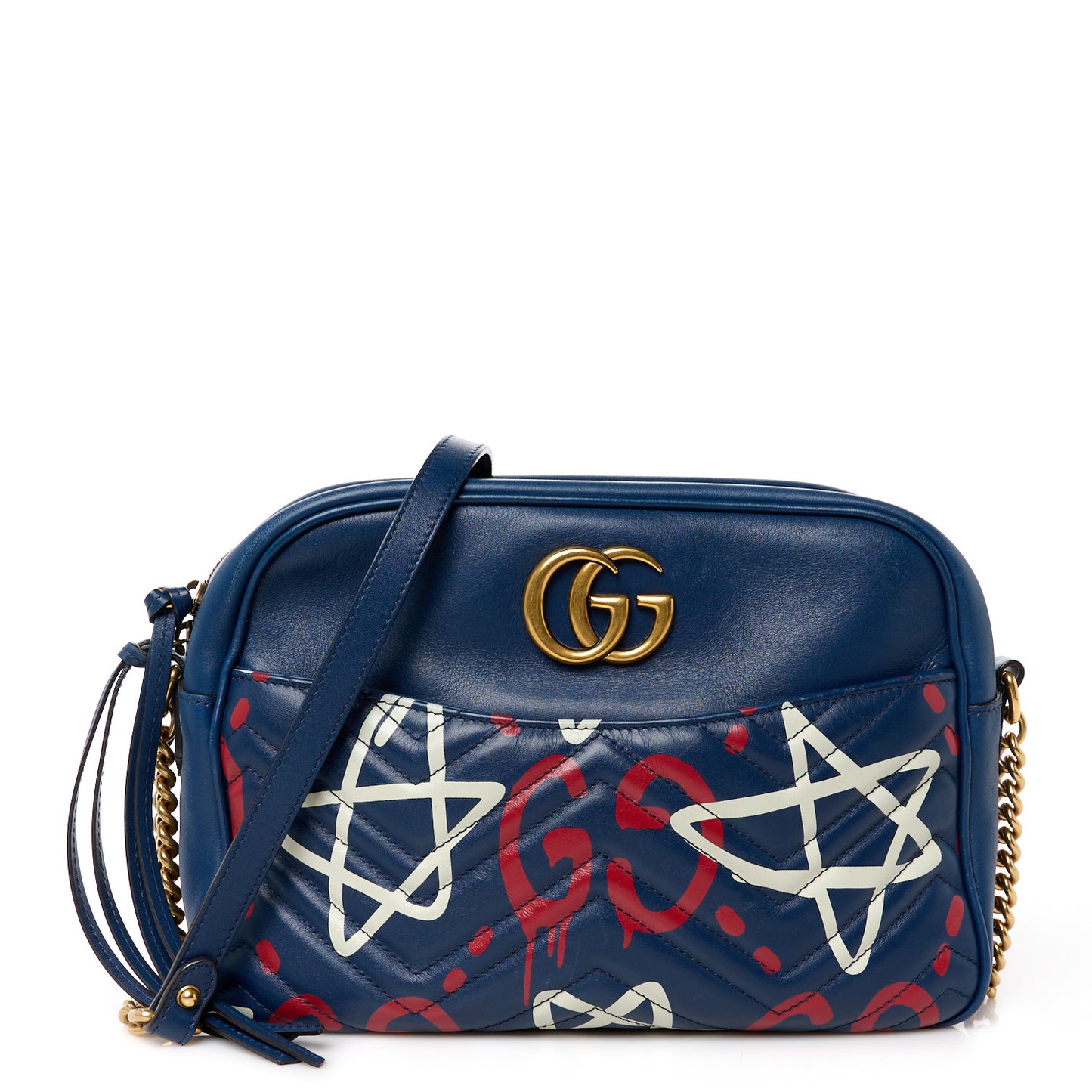 Calfskin Matelasse GucciGhost Medium GG Marmont Chain Shoulder Bag Blue Agata Hibiscus Red