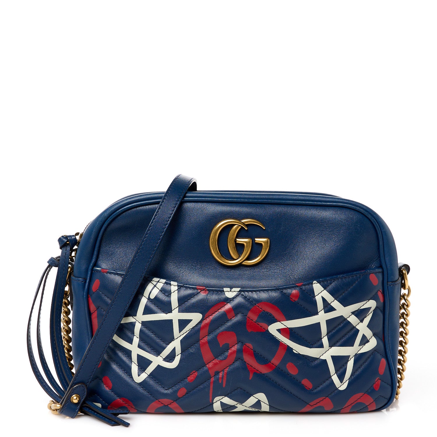Gucci Calfskin Matelasse GucciGhost Medium GG Marmont Chain Shoulder Bag Blue Agata Hibiscus Red 1 of 13