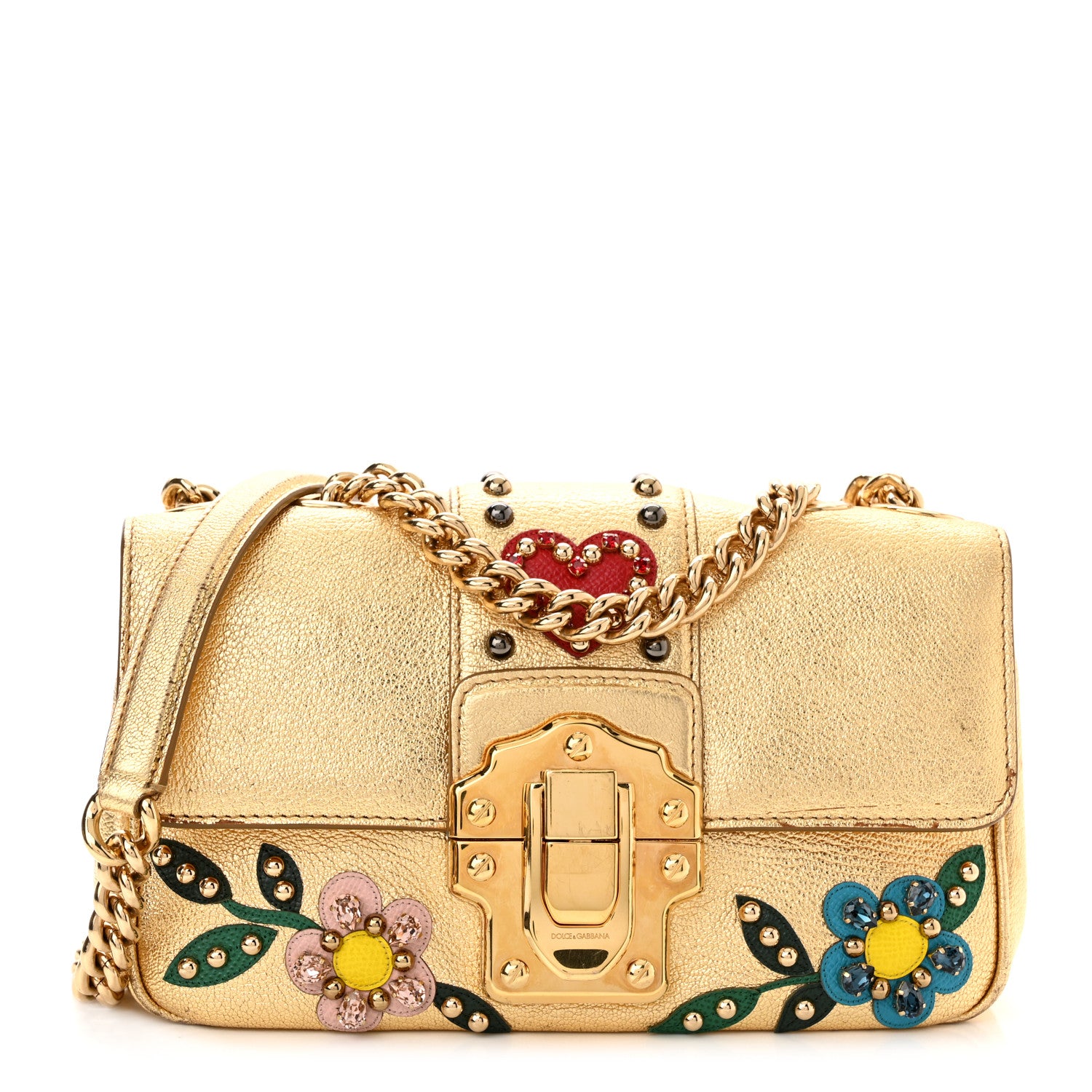 Dolce & Gabbana Metallic Calfskin Crystal Embellished Lucia Shoulder Bag Gold Multicolor 1 of 12