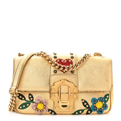 Dolce & Gabbana Metallic Calfskin Crystal Embellished Lucia Shoulder Bag Gold Multicolor 1 of 12