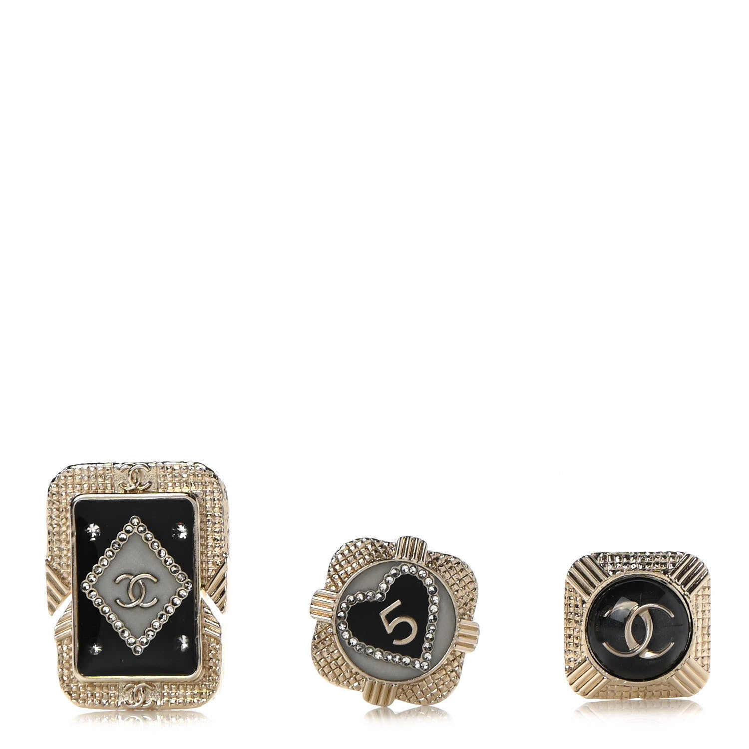 Chanel Resin Crystal Quilted CC Brooch Set Gold Black 1 of 6