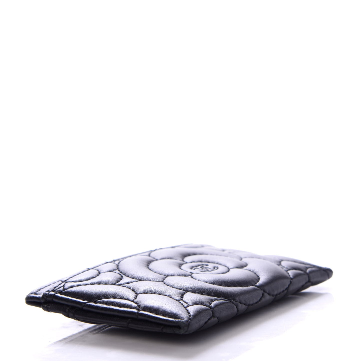 Lambskin Camellia Embossed Card Holder Black