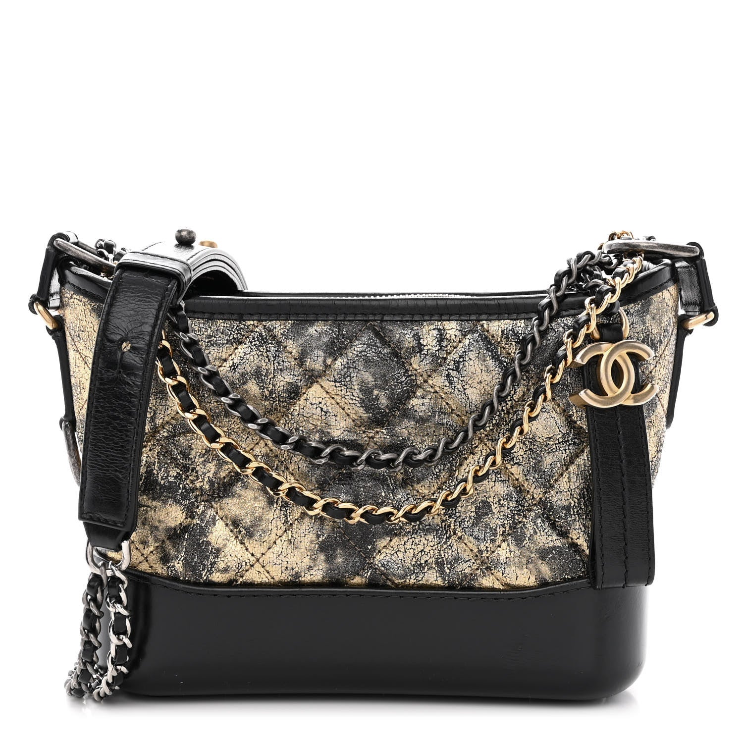 Chanel Metallic Crumpled Goatskin Quilted Small Gabrielle Hobo Black Gold 1 of 12