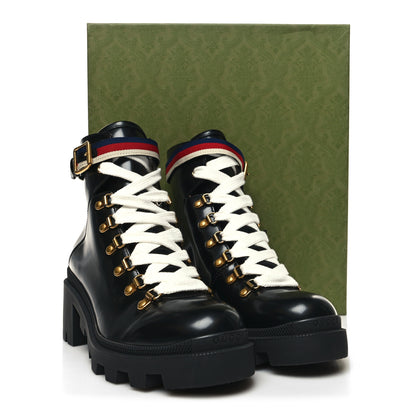 Gucci Calfskin Sylvie Web Womens Lace Up Combat Boots 39.5 Black 9 of 9