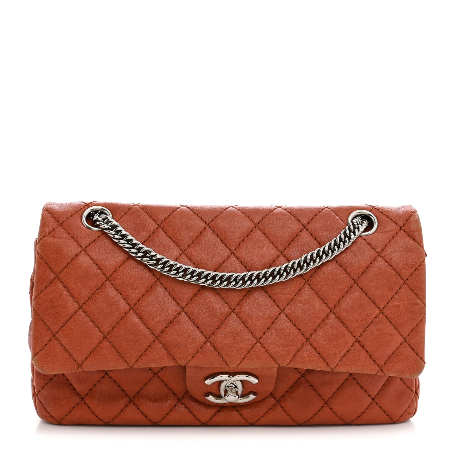 Glazed Lambskin Quilted Medium Double Flap Bijoux Chain Dark Orange