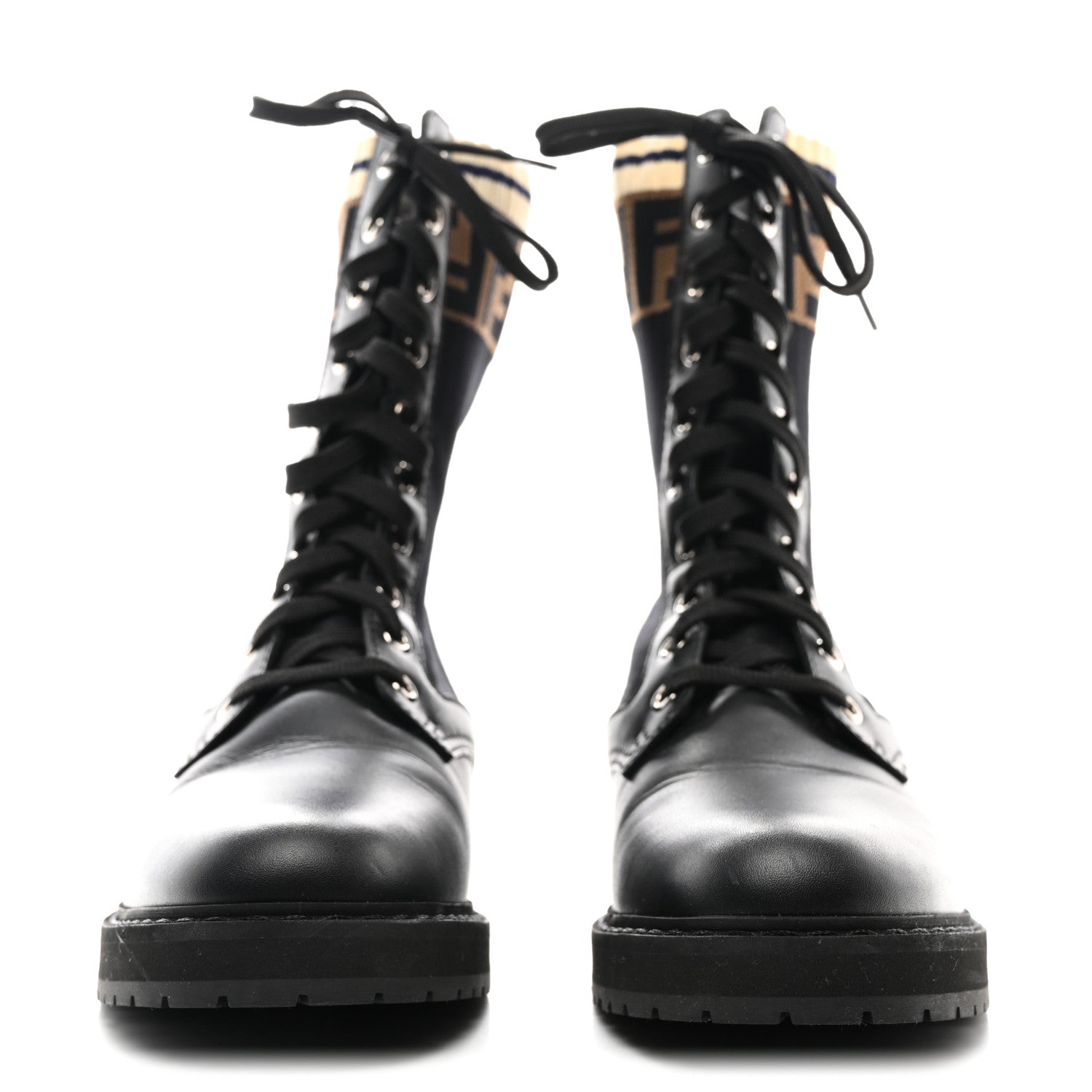 Fendi Calfskin Stretch Fabric Rockoko Biker Boots 38.5 Tobacco Black Marino 2 of 8