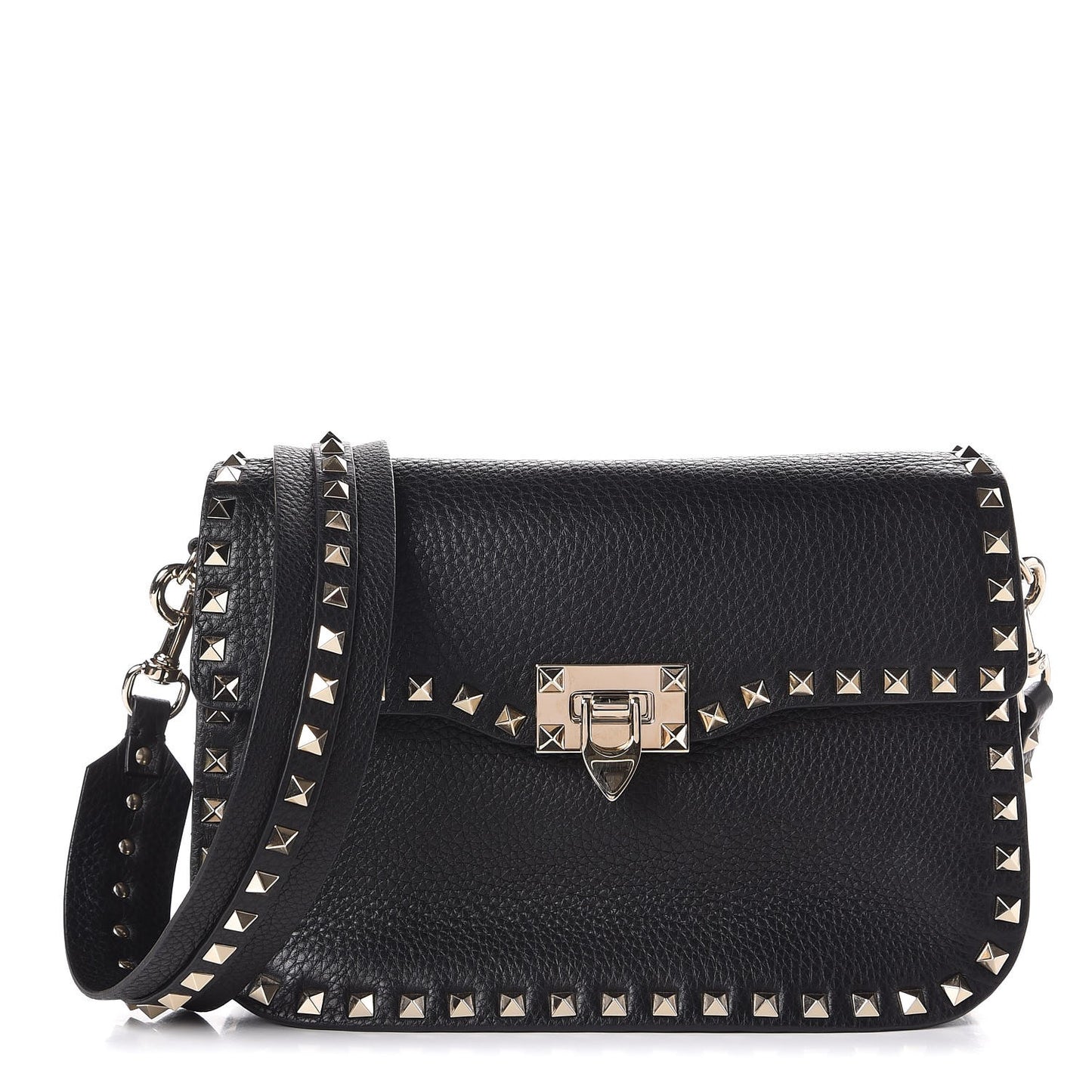 Pebbled Calfskin Medium Rockstud Flap Saddle Bag Black