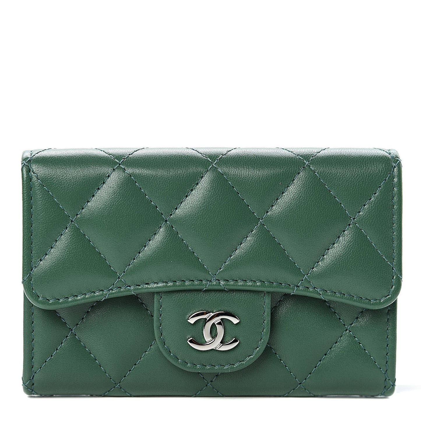 Lambskin Quilted Flap Card Holder Wallet Green