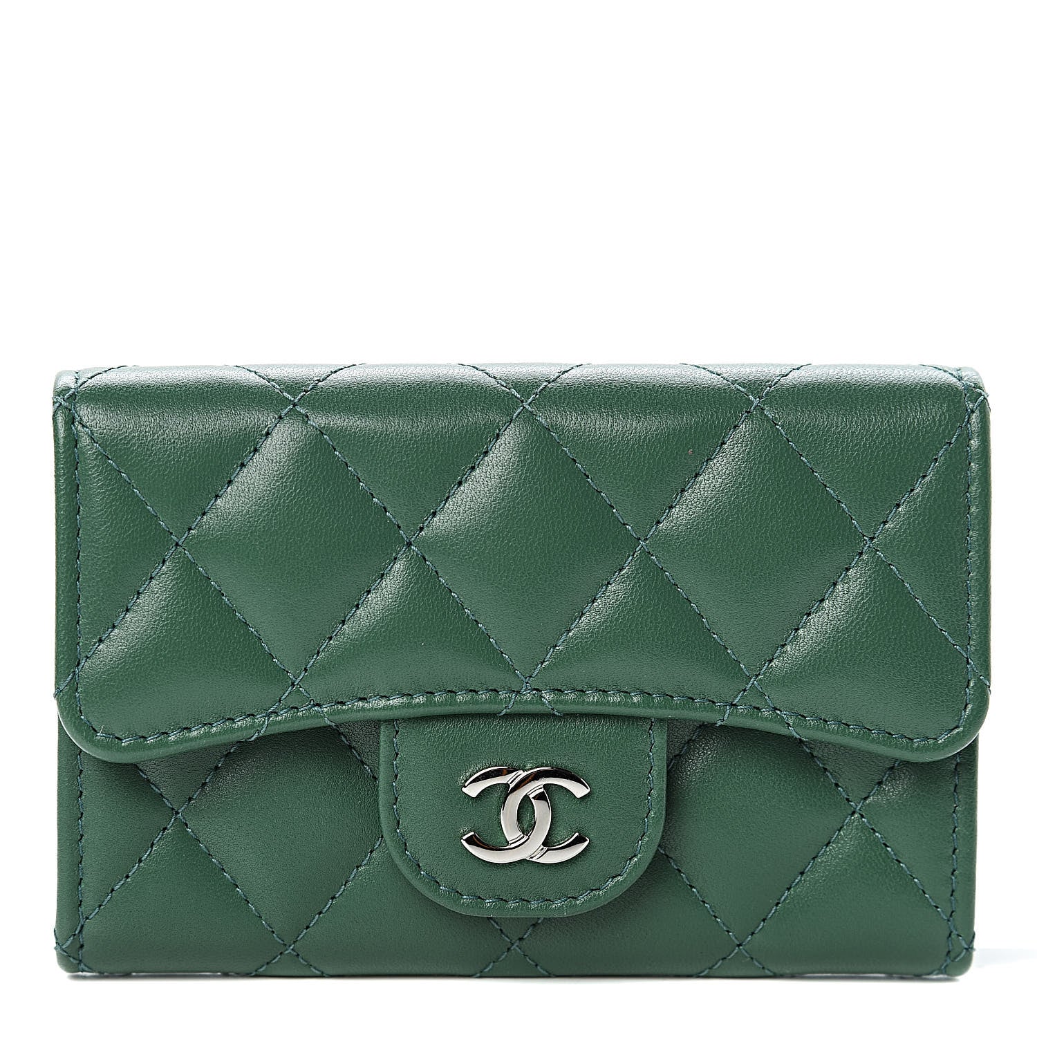 Chanel Lambskin Quilted Flap Card Holder Wallet Green 1 of 8