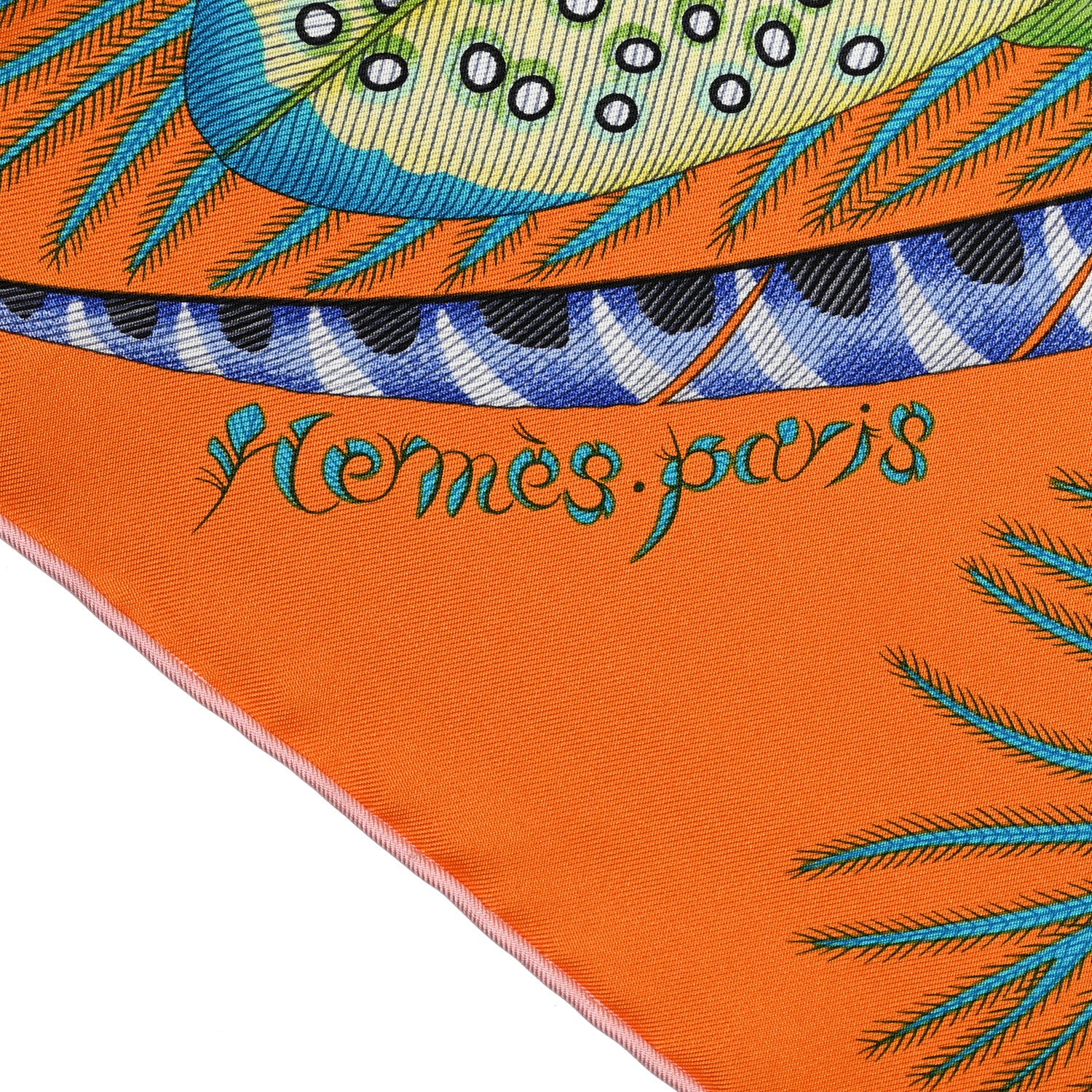 Hermes Silk Plumes En Fete Scarf 90 Orange Bleu Rose 4 of 12