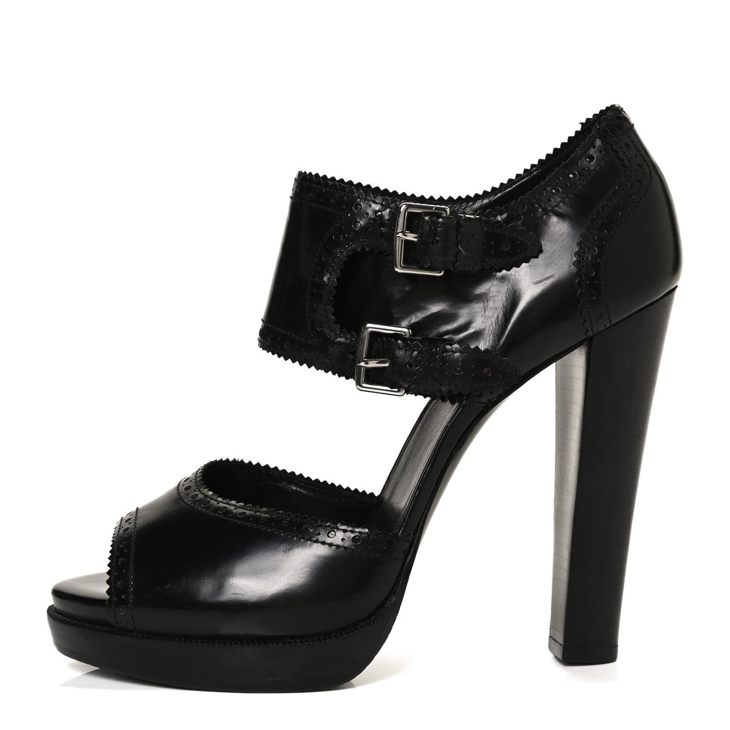 Glazed Calfskin Brogue Open Toe Pumps 39.5 Black