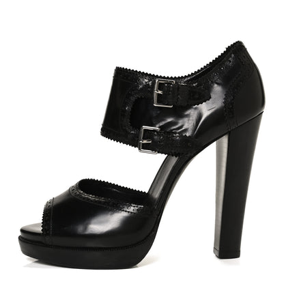 Hermes Glazed Calfskin Brogue Open Toe Pumps 39.5 Black 1 of 9