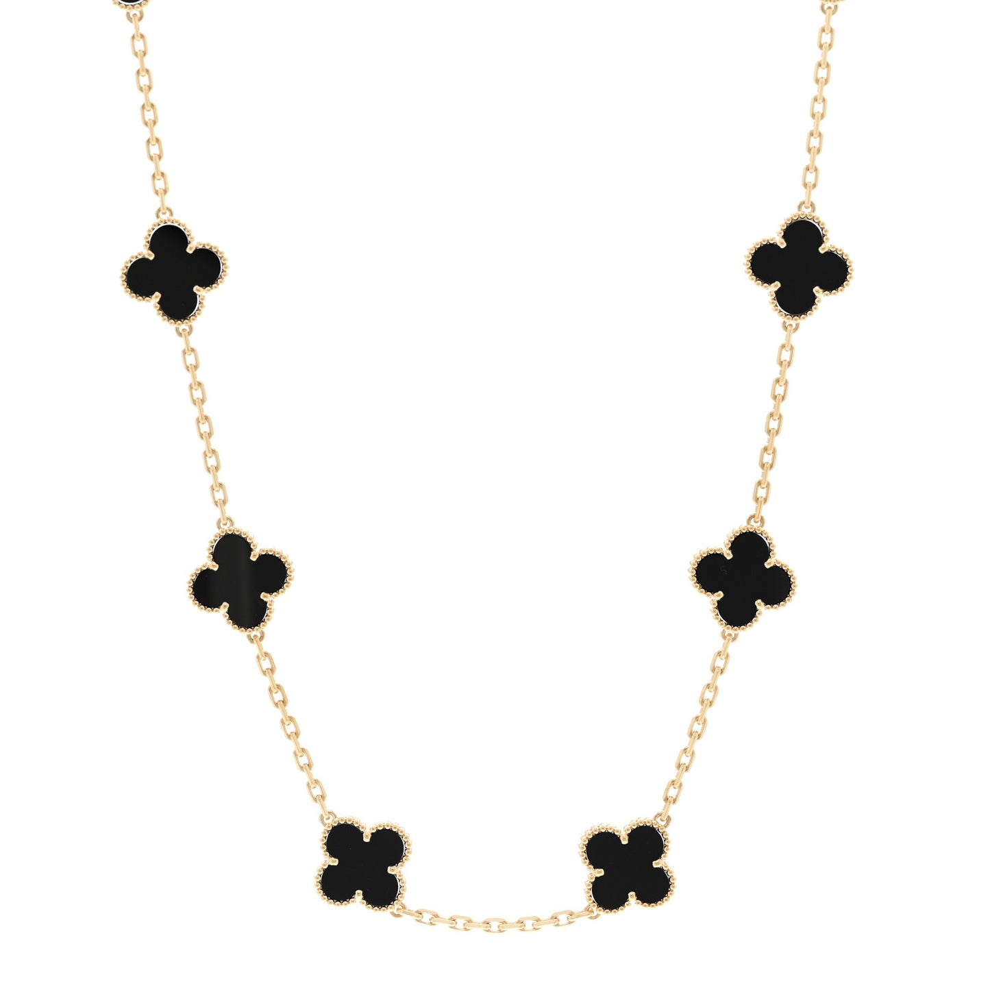 18K Yellow Gold Black Onyx 10 Motifs Vintage Alhambra Necklace