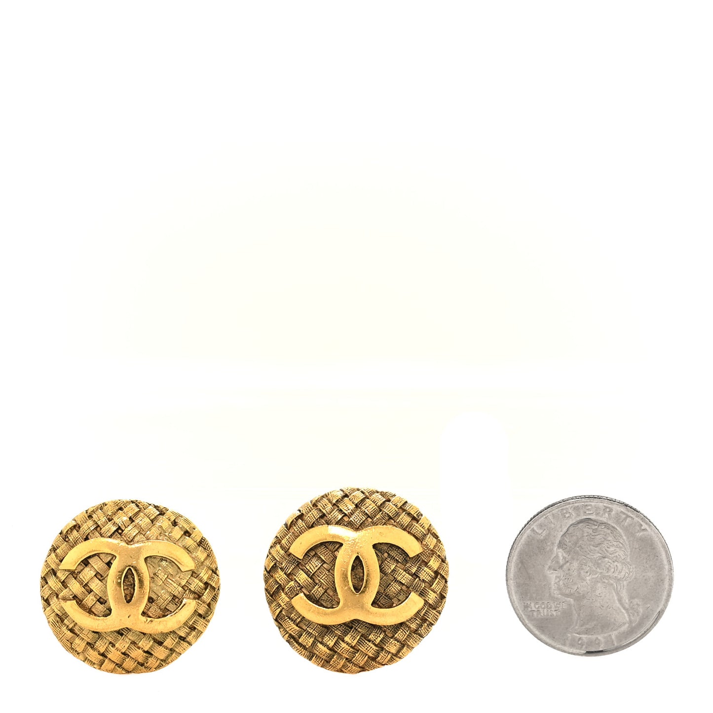 Metal Quilted Round CC Clip On Earrings Gold
