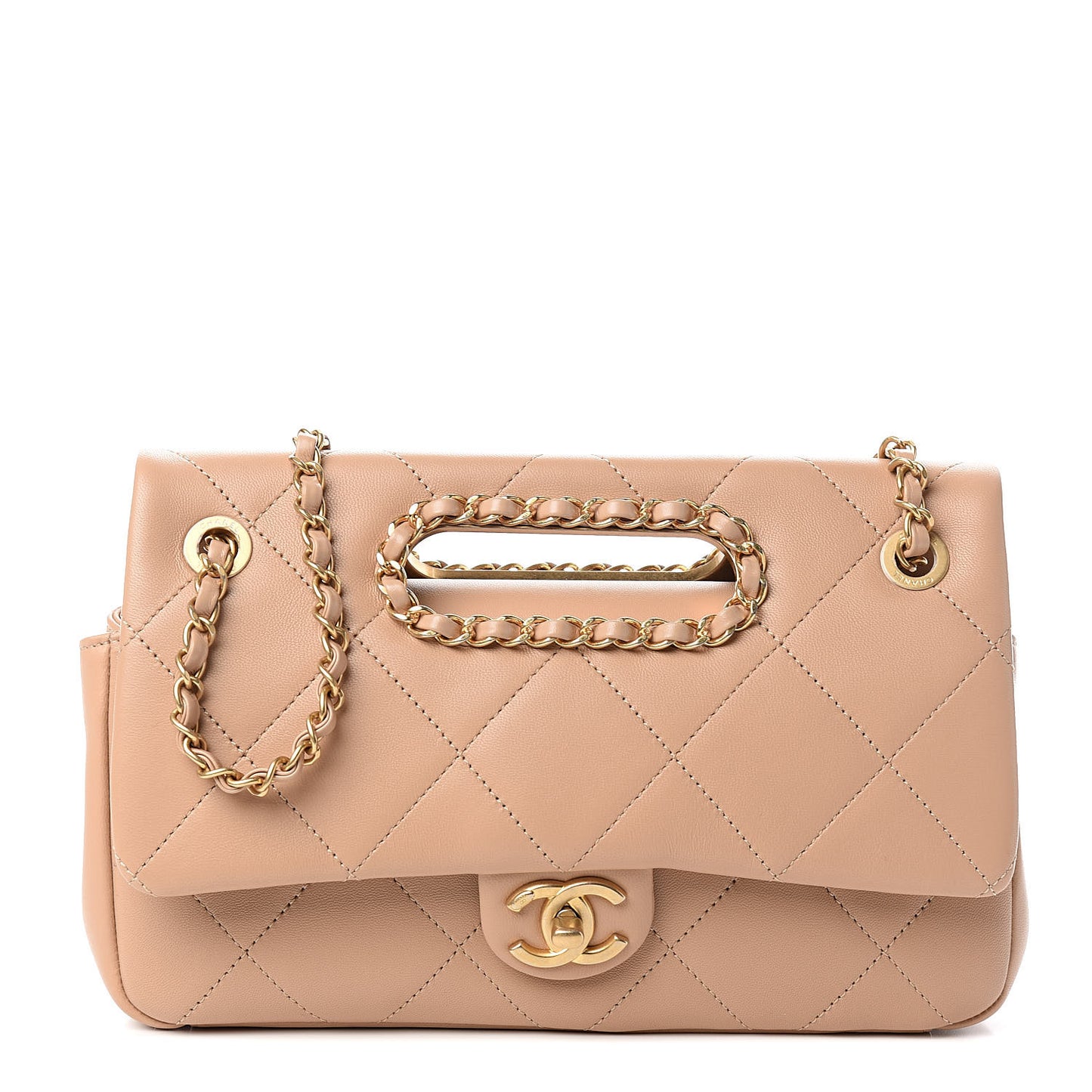 Lambskin Quilted Medium Chain Clutch Flap Beige