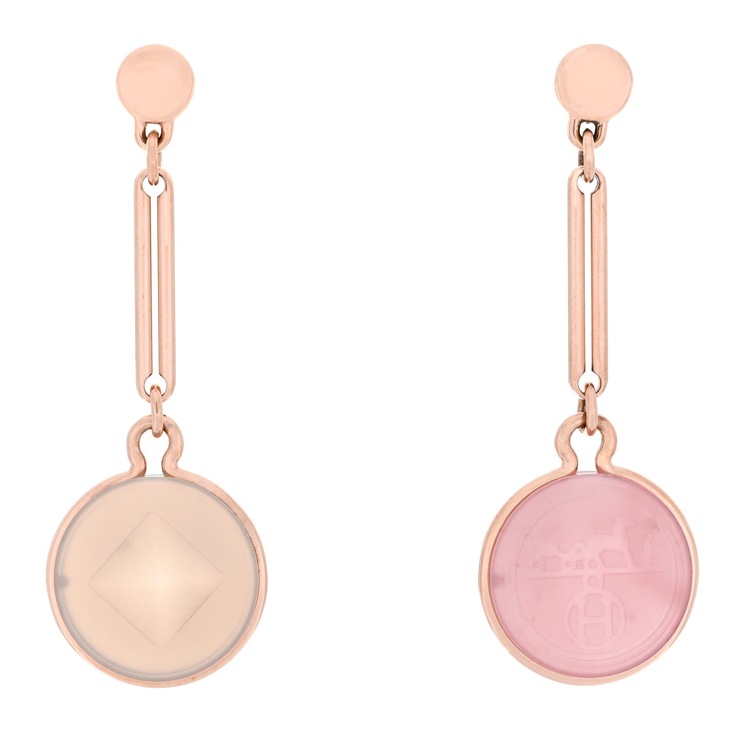 Hermes 18K Rose Gold Pink Chalcedony Grey Agate Ex-Libris Drop Earrings 1 of 6