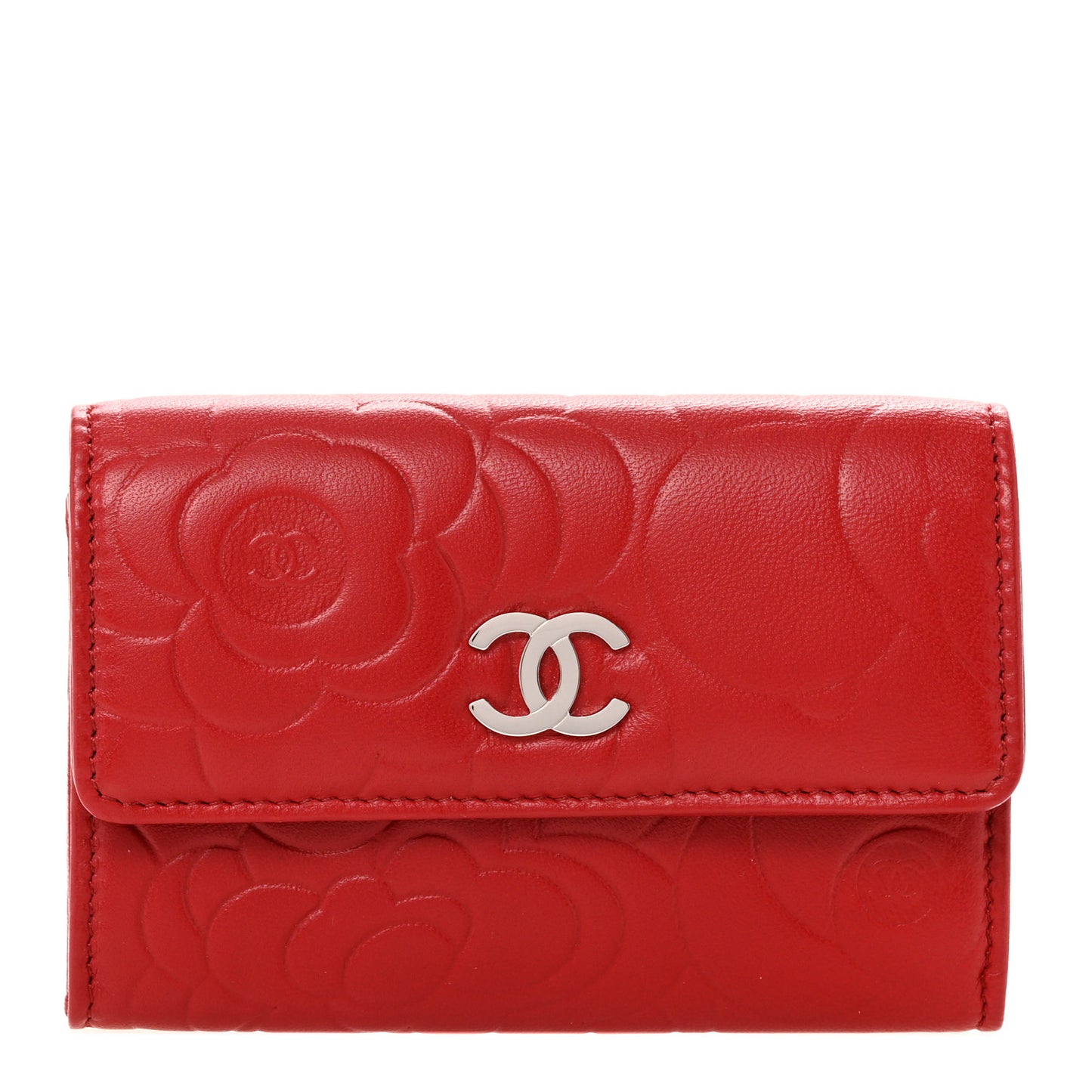 Lambskin Camellia Embossed Flap Card Holder Red