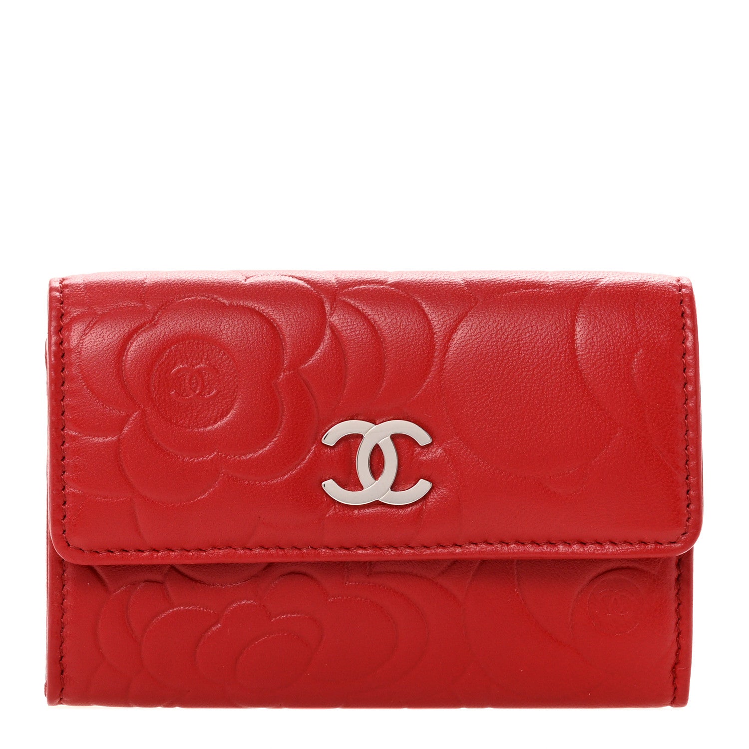 Chanel Lambskin Camellia Embossed Flap Card Holder Red 1 of 9
