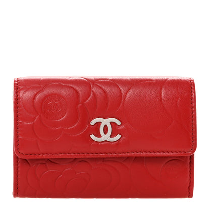 Chanel Lambskin Camellia Embossed Flap Card Holder Red 1 of 9