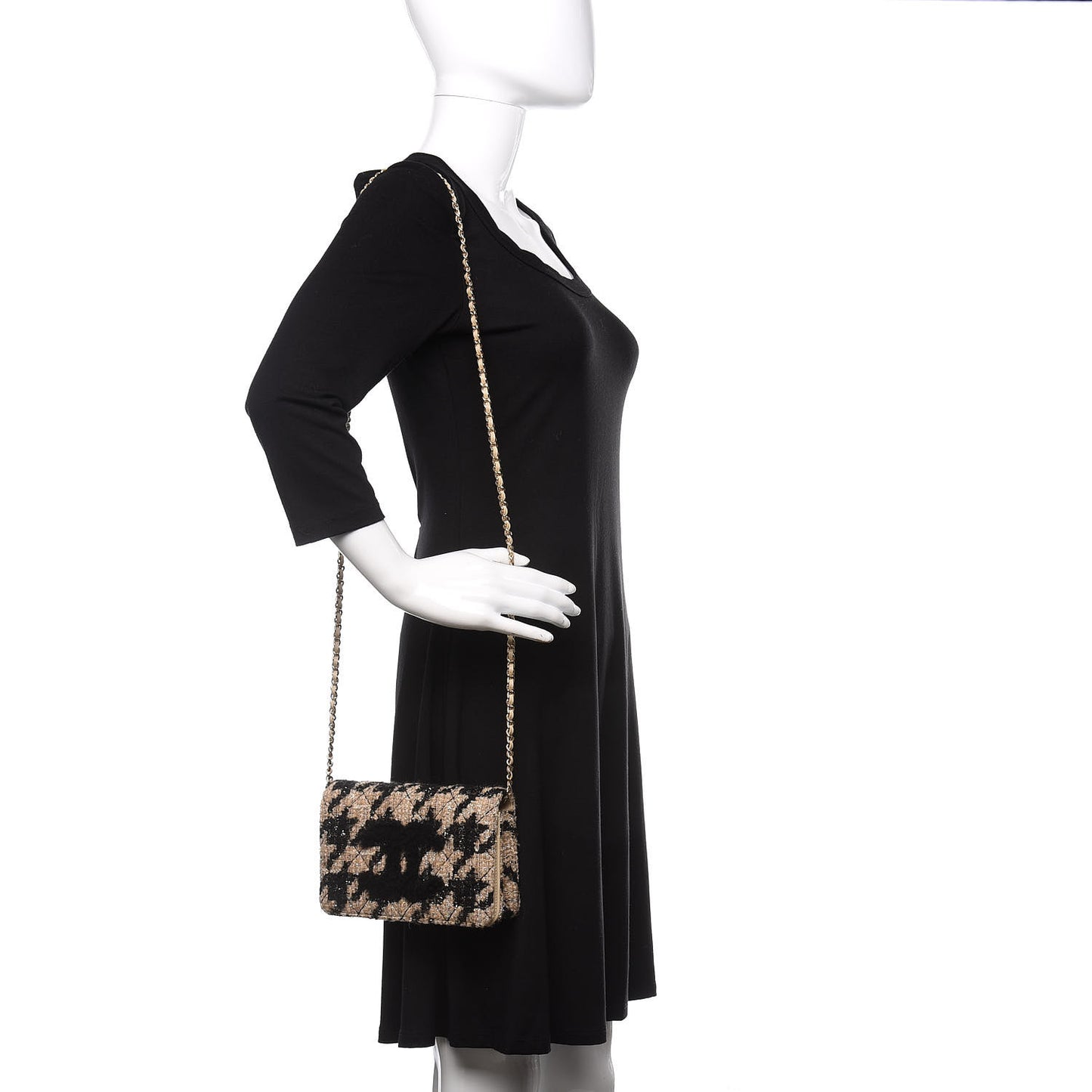 Tweed Shearling Quilted Wallet On Chain WOC Beige Black