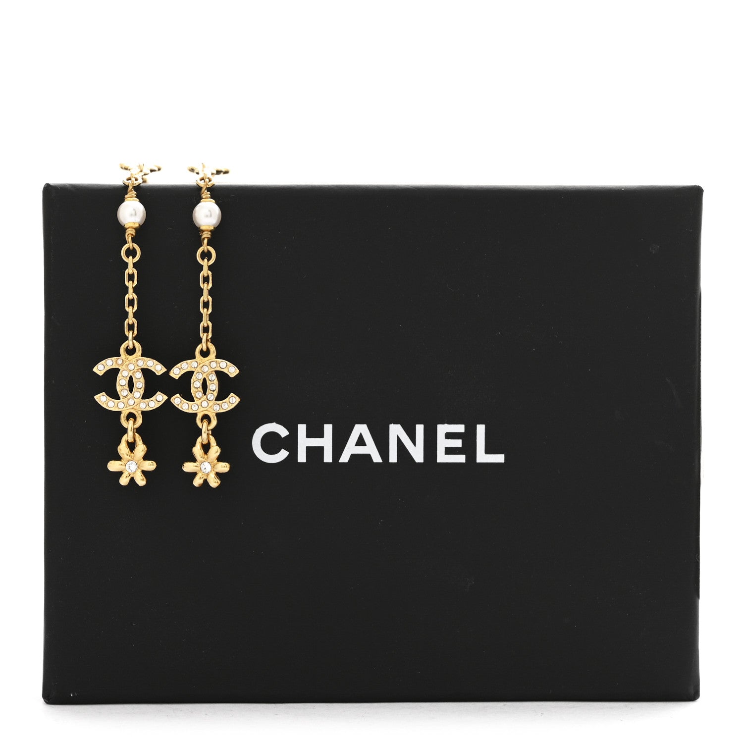 Chanel Pearl Crystal CC Flower Chain Long Drop Earrings Gold 5 of 5