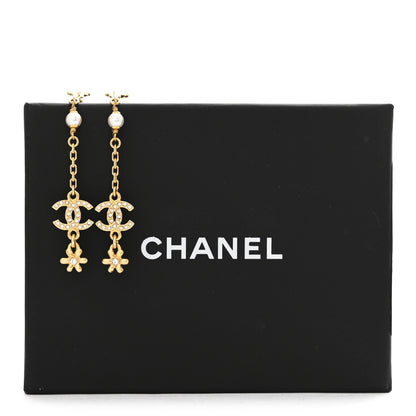 Chanel Pearl Crystal CC Flower Chain Long Drop Earrings Gold 5 of 5