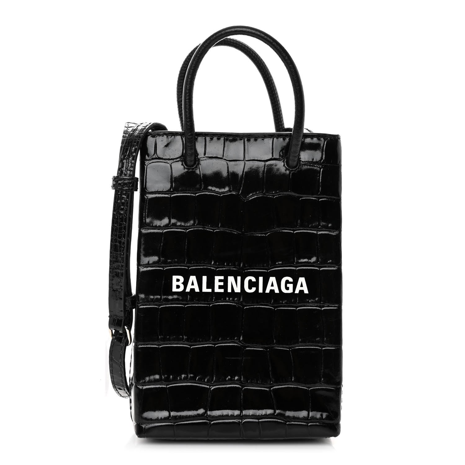 Balenciaga Calfskin Crocodile Embossed Logo Shopping Phone Holder Bag Black 1 of 9
