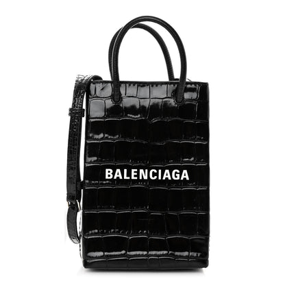 Balenciaga Calfskin Crocodile Embossed Logo Shopping Phone Holder Bag Black 1 of 9