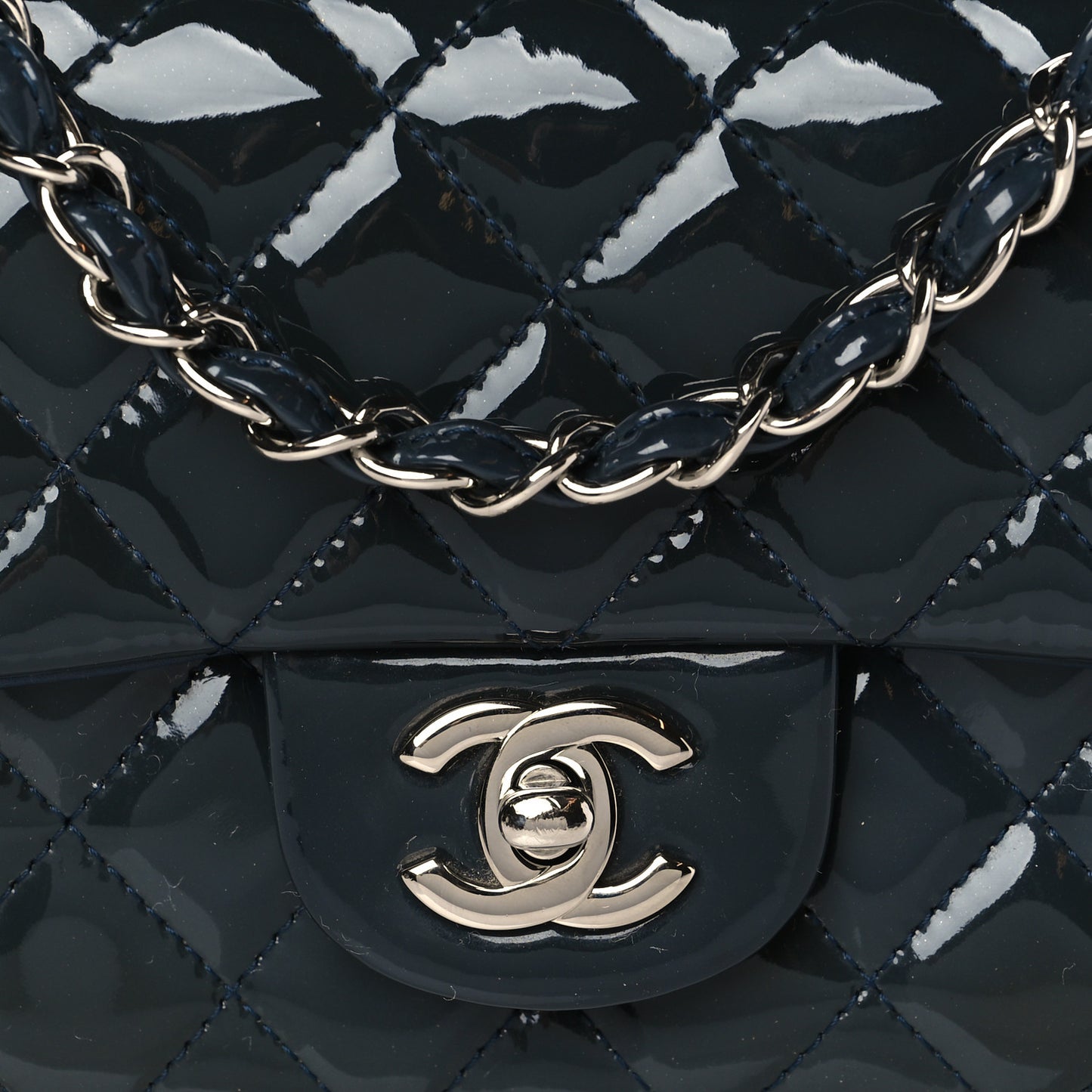 Patent Calfskin Quilted Mini Rectangular Flap Navy Blue