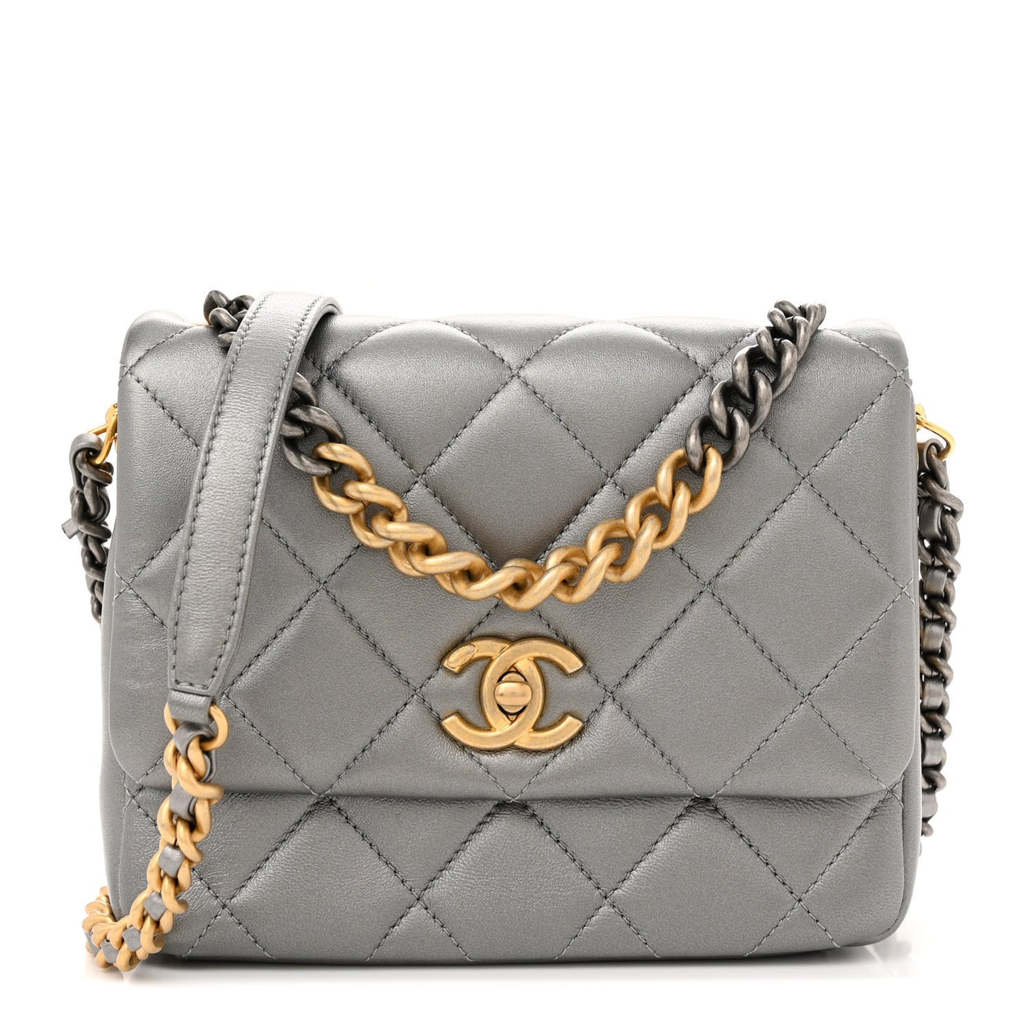 Metallic Lambskin Quilted Small Side Note Flap Grey