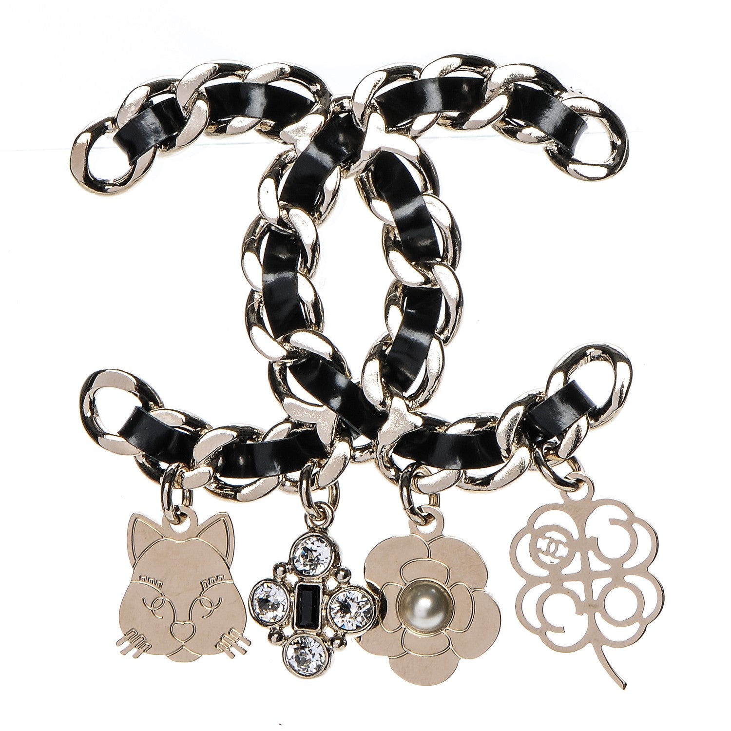 Chanel Lambskin Crystal Chain CC Charms Brooch Black Gold 1 of 5