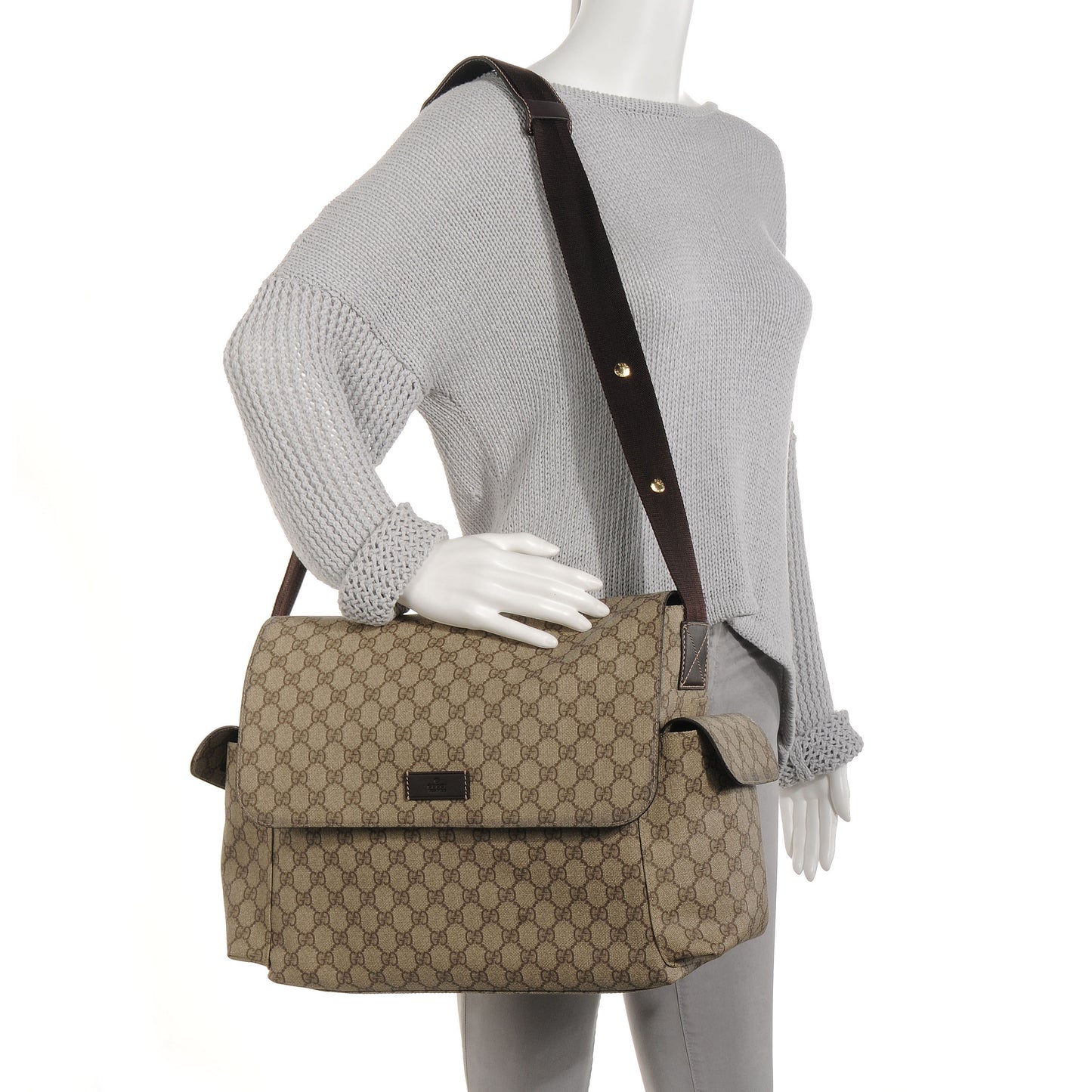 GG Supreme Monogram Selleria Calfskin Messenger Diaper Bag Beige Ebony Cocoa Dark Chocolate