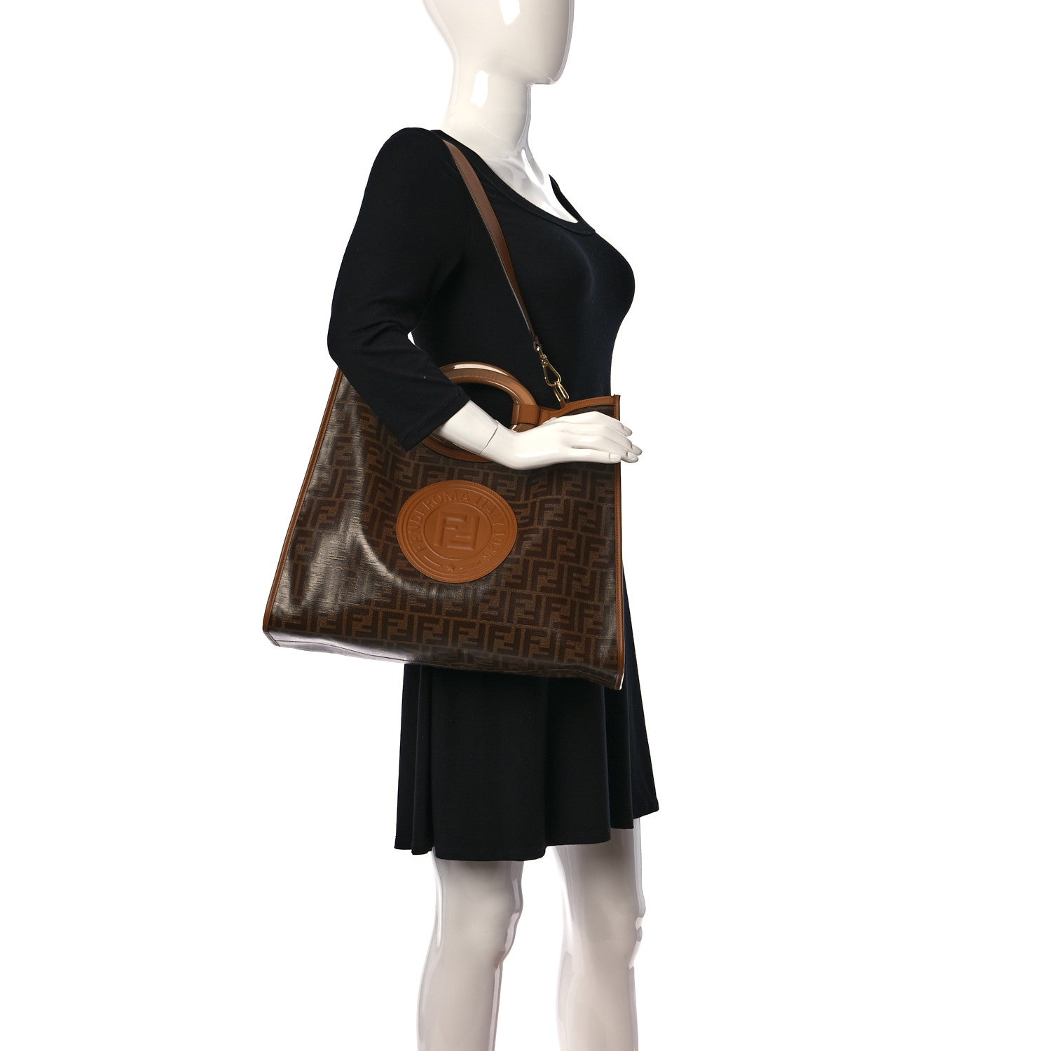 Fendi Glazed Fabric Vitello Century Plexiglass FF 1974 Stamp Patch Medium Runaway Shopper Tote Mogano Panna Nocciola 3 of 17