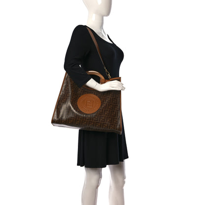 Fendi Glazed Fabric Vitello Century Plexiglass FF 1974 Stamp Patch Medium Runaway Shopper Tote Mogano Panna Nocciola 3 of 17