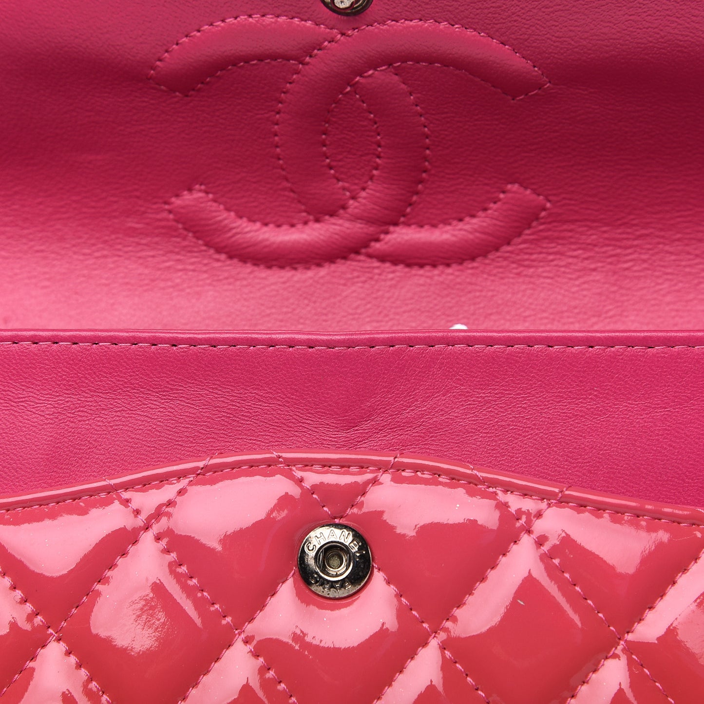 Patent Quilted Medium Double Flap Fuchsia