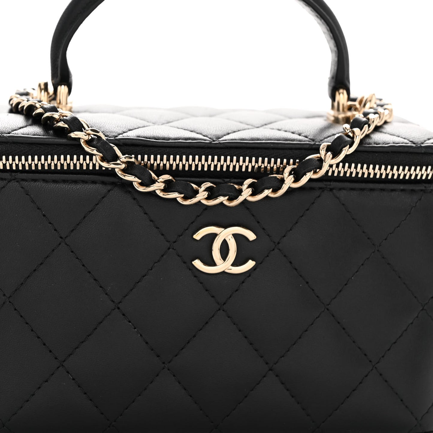 Lambskin Quilted Small Top Handle Vanity Case With Chain Black