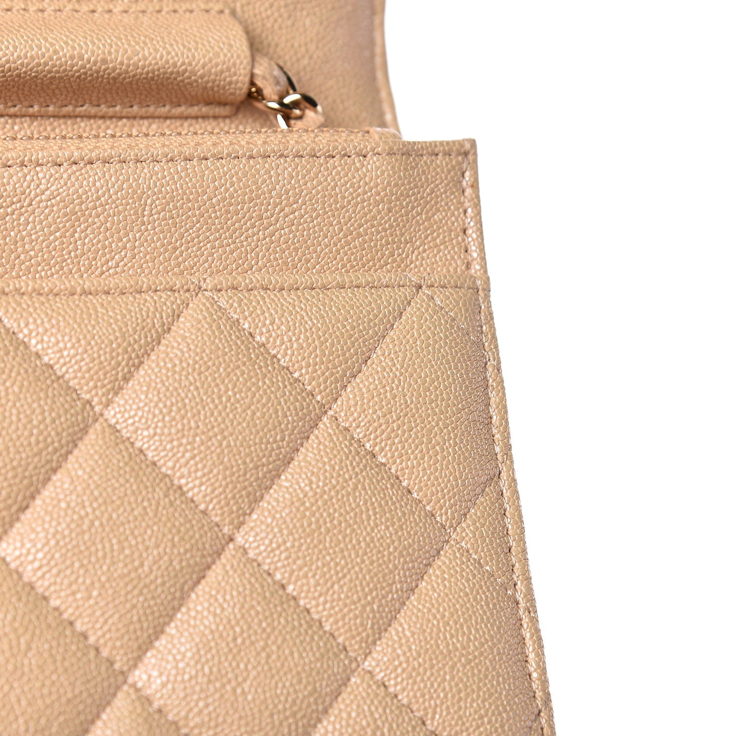 Iridescent Caviar Quilted Wallet On Chain WOC Beige