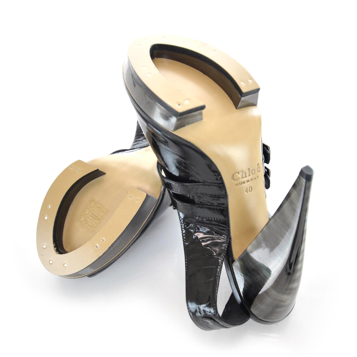 Chloe Patent Leather Horseshoe Slingback Heels 40 Black 4 of 6